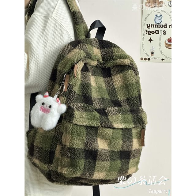 faux Shearling Plaid Backpack / Charm / Set