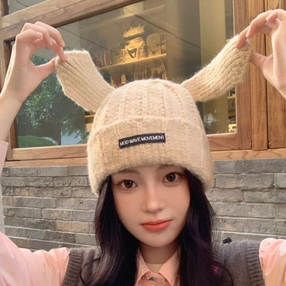 Rabbit Ear Lettering Applique Knit Beanie