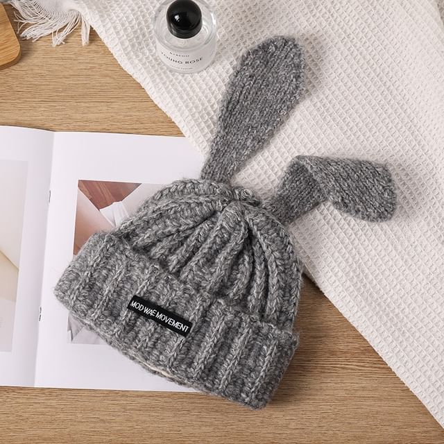 Rabbit Ear Lettering Applique Knit Beanie