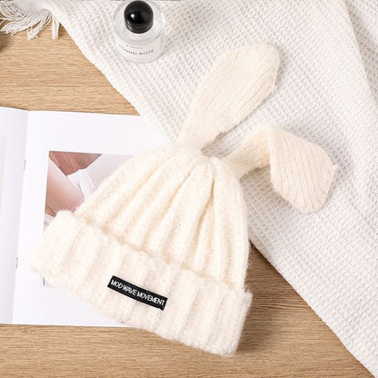 Rabbit Ear Lettering Applique Knit Beanie