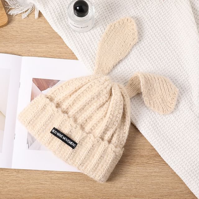 Rabbit Ear Lettering Applique Knit Beanie