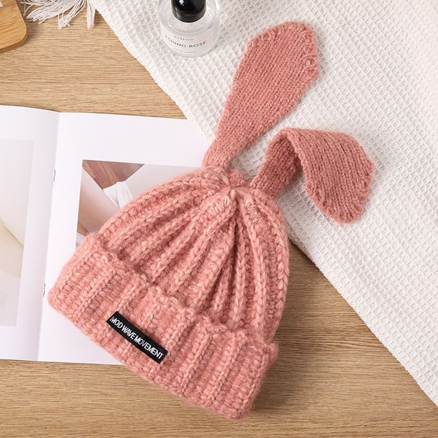 Rabbit Ear Lettering Applique Knit Beanie