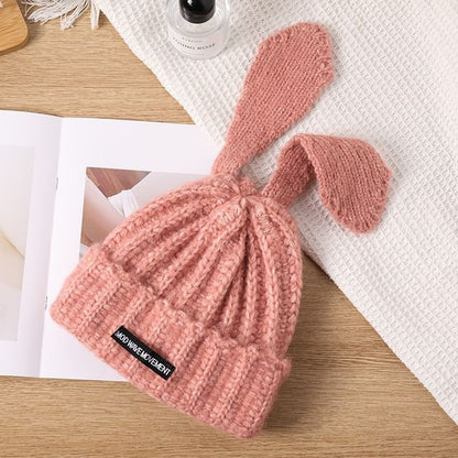 Rabbit Ear Lettering Applique Knit Beanie