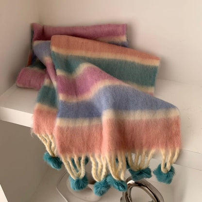 Striped Pom Pom Fringed Scarf