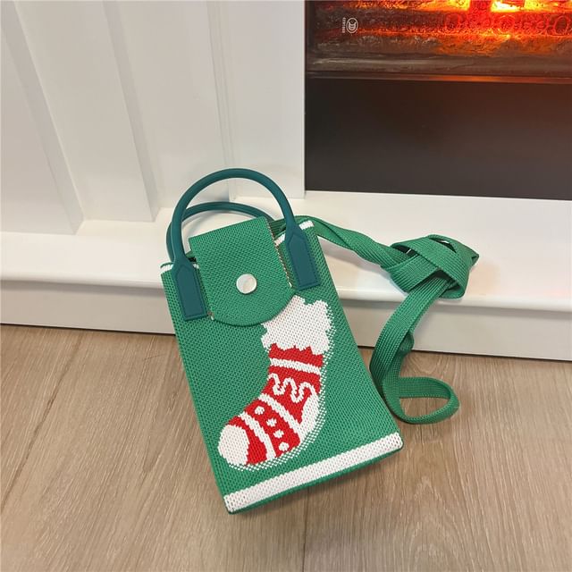 Christmas Print Knit Mobile Phone Crossbody Bag