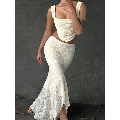 Tank Plain Crop Skirt Square Neck Top Maxi Lace High Waist Mermaid /