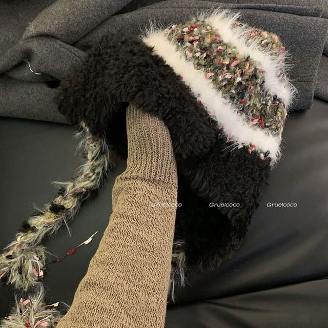 Striped Fleece Knit Trapper Hat