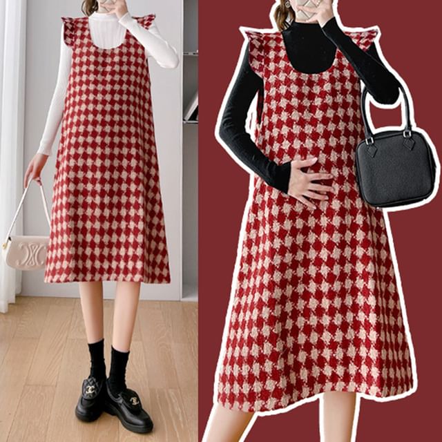 Maternity Scoop Neck Houndstooth Midi A-Line Overall Dress / Long-Sleeve Mock Neck Plain Knit Top