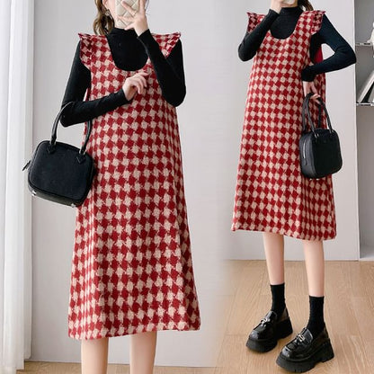 Maternity Scoop Neck Houndstooth Midi A-Line Overall Dress / Long-Sleeve Mock Neck Plain Knit Top