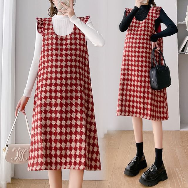 Maternity Scoop Neck Houndstooth Midi A-Line Overall Dress / Long-Sleeve Mock Neck Plain Knit Top