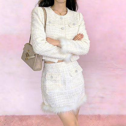 Fluffy Trim Tweed Jacket with Mini Skirt Set
