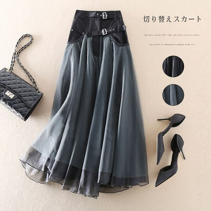 Faux Leather Mesh Panel Skirt with High Rise