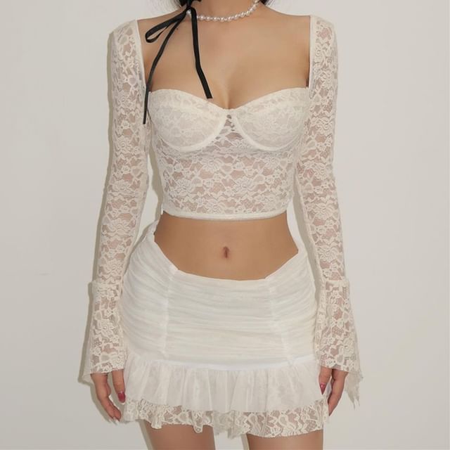 Lace Crop Top and Ruffle Mini Skirt Duo