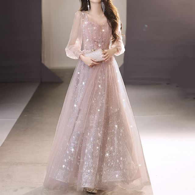 Mesh Evening V-Neck Gown A-Line Sequin Long-Sleeve