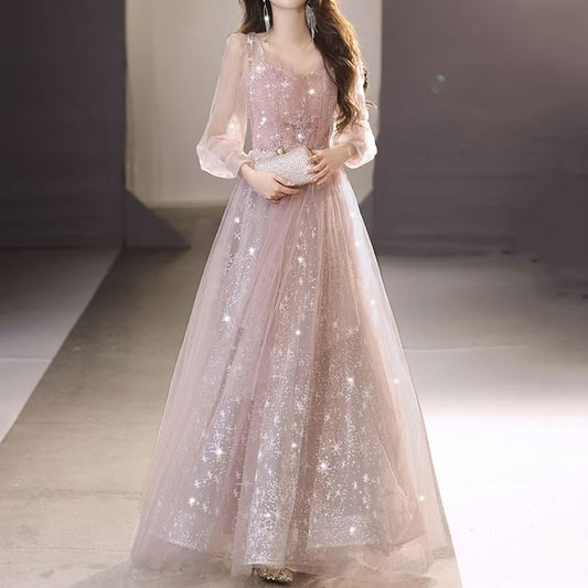 Mesh Evening V-Neck Gown A-Line Sequin Long-Sleeve