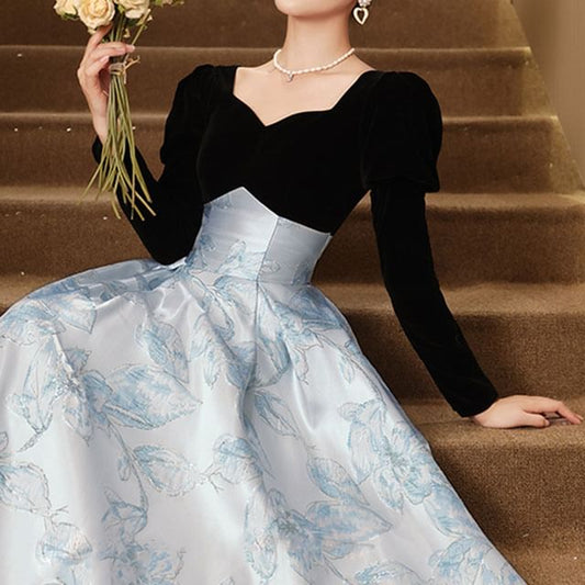 Long-Sleeve Two Evening Gown Floral Jacquard Tone V-Neck A-Line