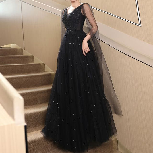 Evening Mesh Sequin Sleeveless Floral Panel A-Line V-Neck Gown Accent