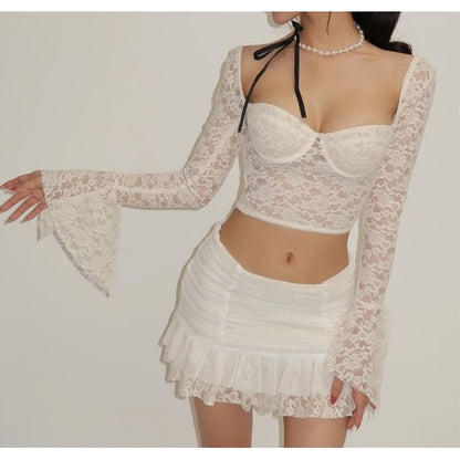 Lace Crop Top and Ruffle Mini Skirt Duo