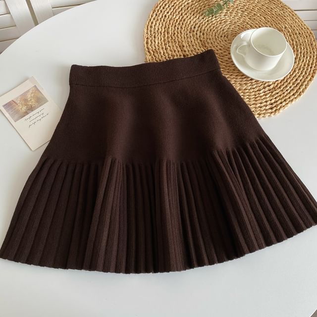 Elastic Waist Plain Accordion Pleated Mini A-Line Knit Skirt