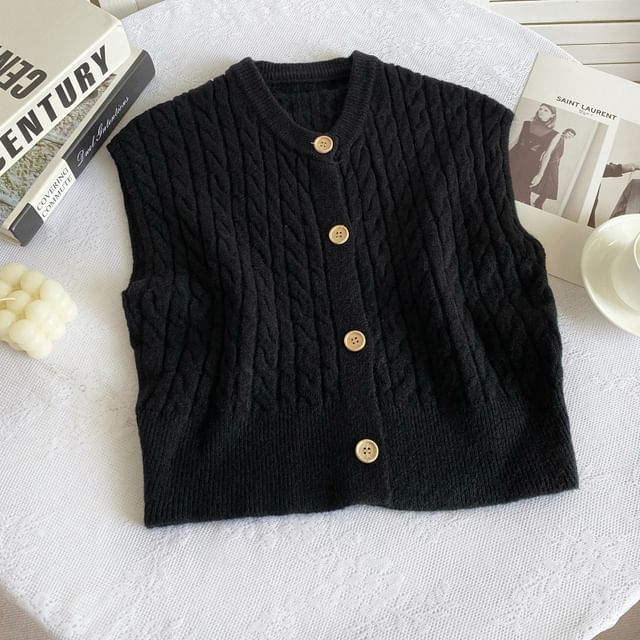 Crew Neck Plain Cable Knit Button Sweater Vest