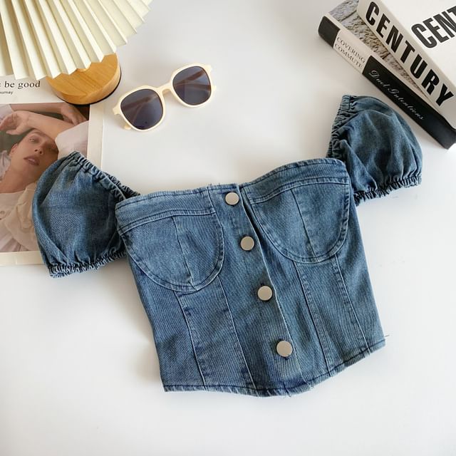 Puff-Sleeve Washed Denim Button Crop Top