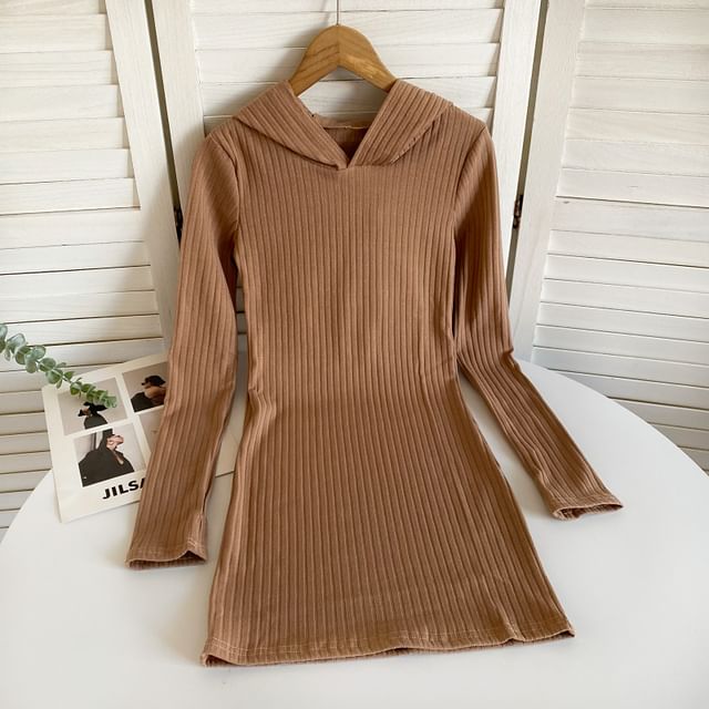 Long-Sleeve Plain Hooded Knit Sheath Dress