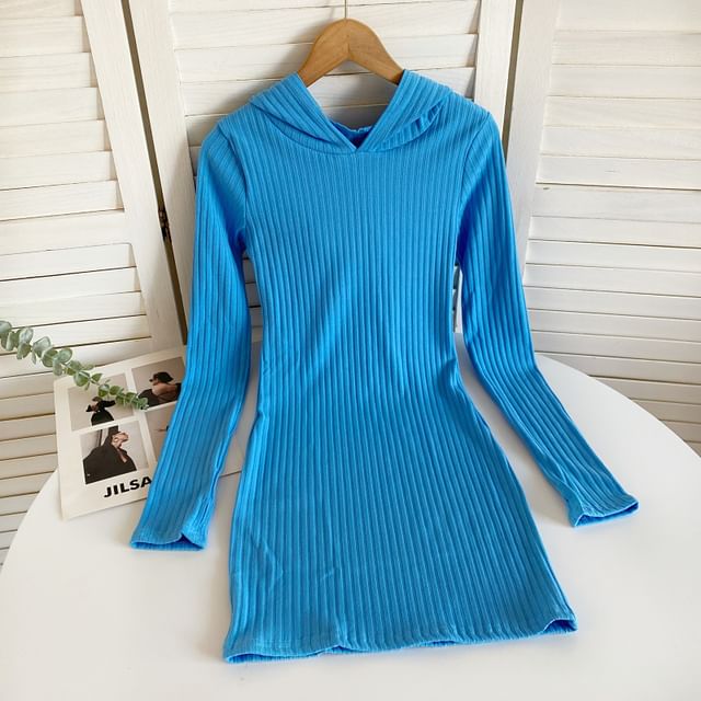 Long-Sleeve Plain Hooded Knit Sheath Dress