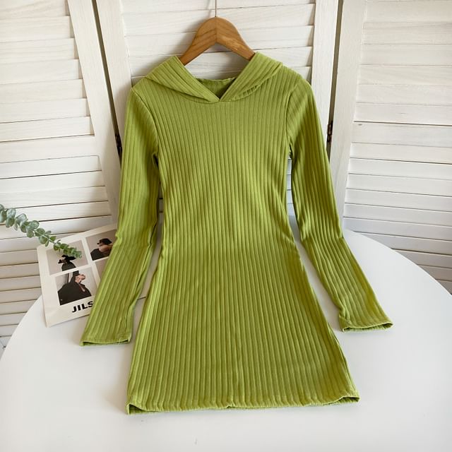 Long-Sleeve Plain Hooded Knit Sheath Dress