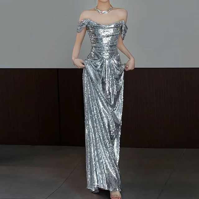 Sequin Gown Mermaid Plain Off-Shoulder Ruched Evening