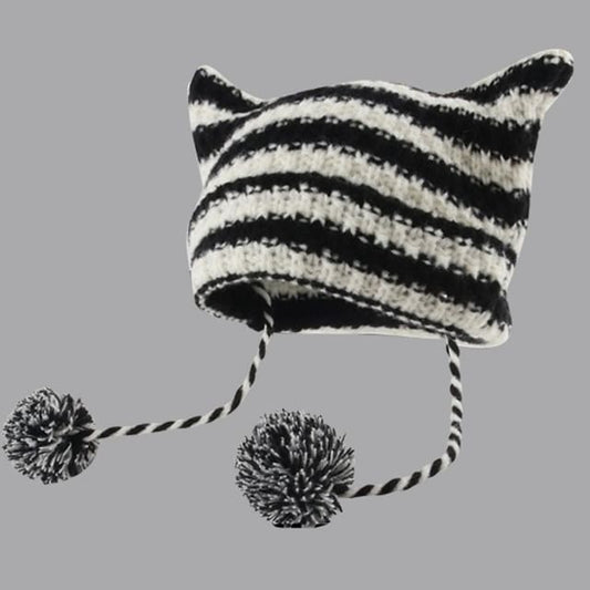 Devil Ear Striped Pom Pom Knit Beanie