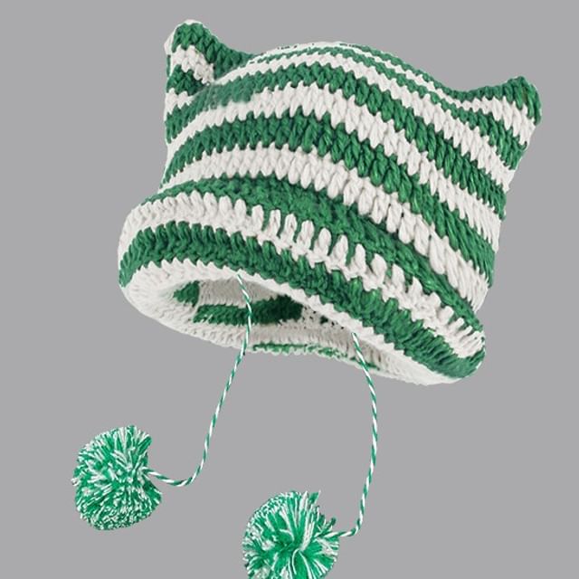 Devil Ear Striped Pom Pom Knit Beanie