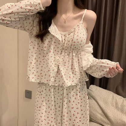 V-Neck Shirred Lace-Trim Pajama Set with Jacket