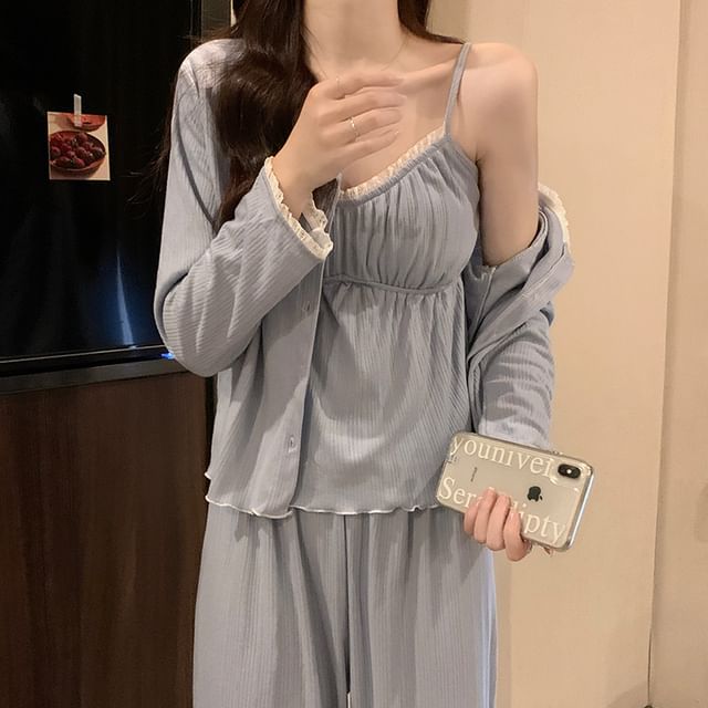 V-Neck Shirred Lace-Trim Pajama Set with Jacket
