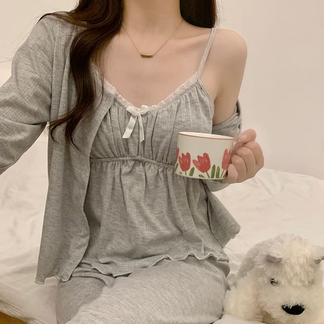 V-Neck Shirred Lace-Trim Pajama Set with Jacket