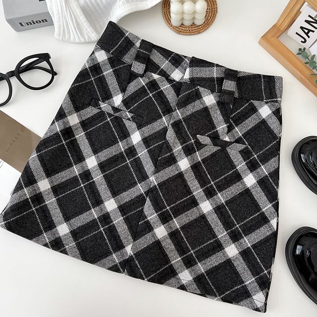 Woolen Tartan Tweed Mini Straight Skirt