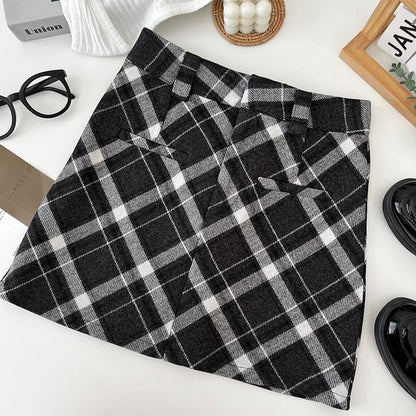 Woolen Tartan Tweed Mini Straight Skirt