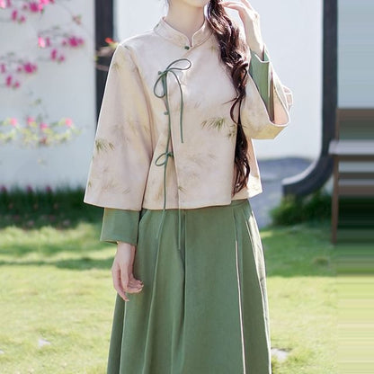 Long-Sleeve Band Collar Bamboo Hanfu Blouse / Mid Rise Plain Midi A-Line Skirt