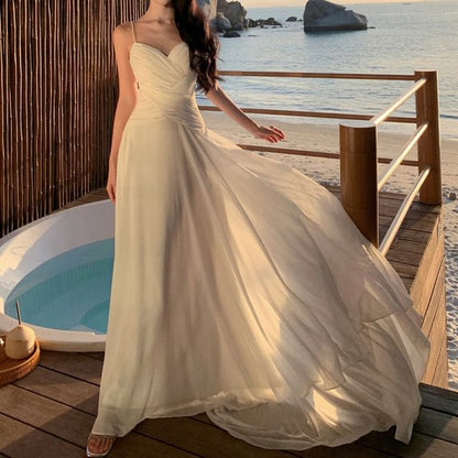 Spaghetti Strap Sweetheart Neckline Plain Maxi A-Line Dress