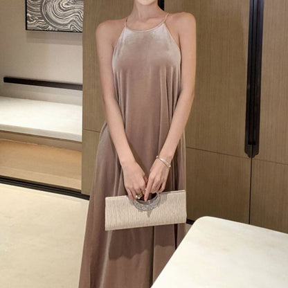 Halter Neck Velvet Maxi A-Line Dress