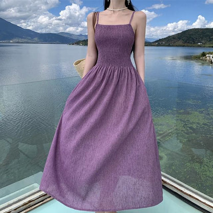 Spaghetti Strap Plain Midi A-Line Dress