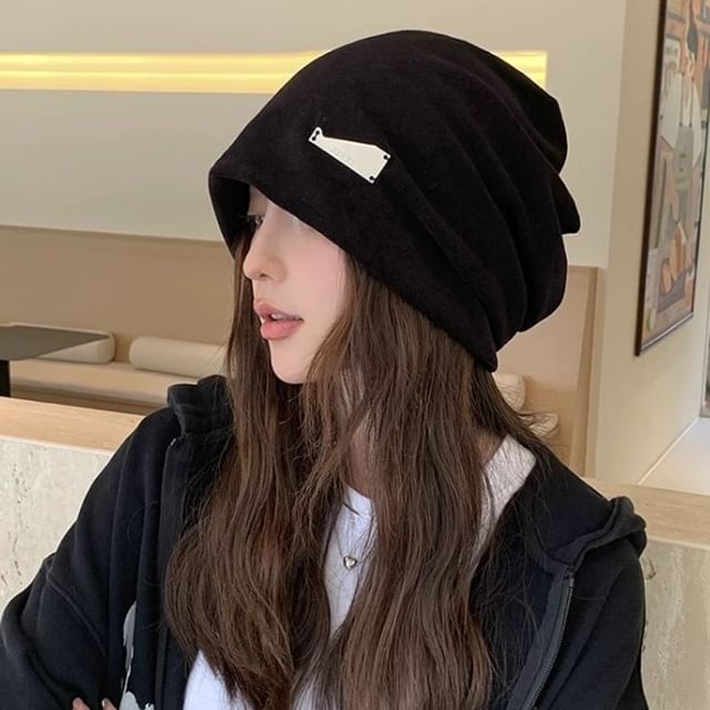 Metal Plate Knit Slouchy Beanie