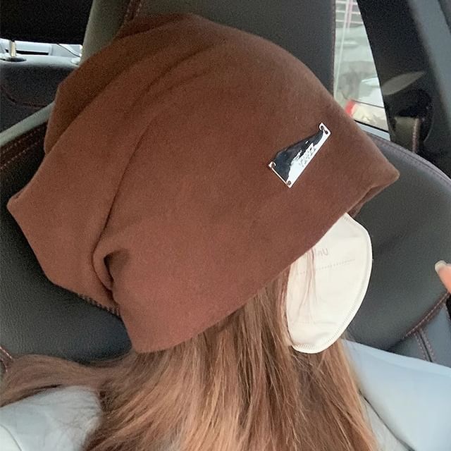 Metal Plate Knit Slouchy Beanie