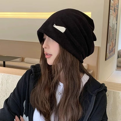 Metal Plate Knit Slouchy Beanie