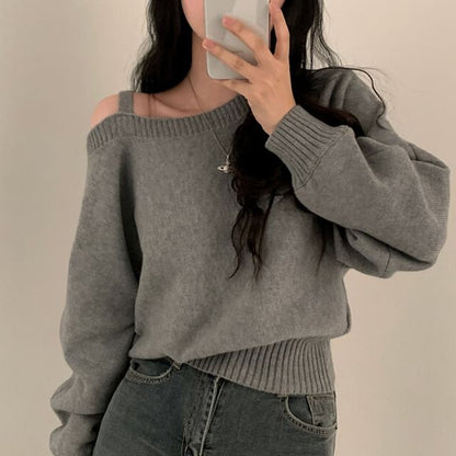 Asymmetrical Neck Cold-Shoulder Sweater