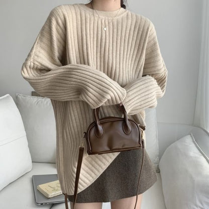 Crew Neck Plain Ribbed Sweater