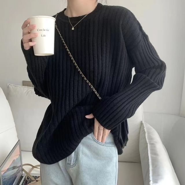 Crew Neck Plain Ribbed Sweater