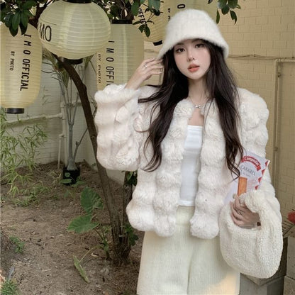 Plain Fluffy Open Front Jacket / Mid Rise Plain Wide Leg Pants