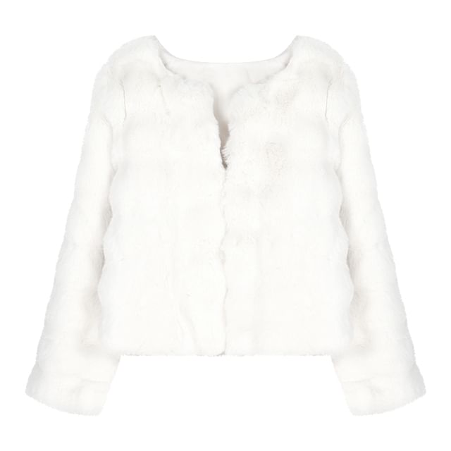 Plain Fluffy Open Front Jacket / Mid Rise Plain Wide Leg Pants