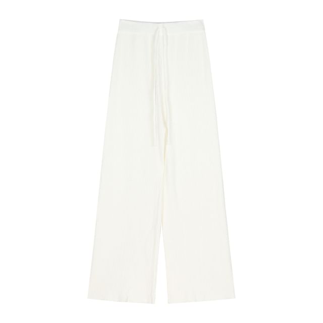 Plain Fluffy Open Front Jacket / Mid Rise Plain Wide Leg Pants