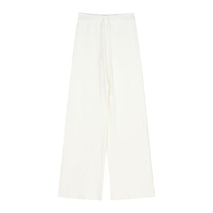 Plain Fluffy Open Front Jacket / Mid Rise Plain Wide Leg Pants